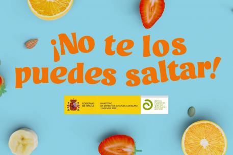 Trozos de fruta con el texto "No te lo puedes saltar"